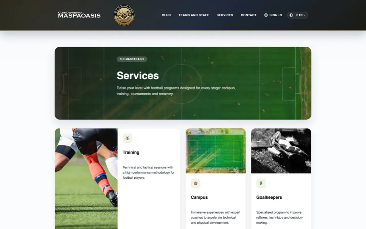 Web pública de C.D. Maspaoasis con la sección de servicios
