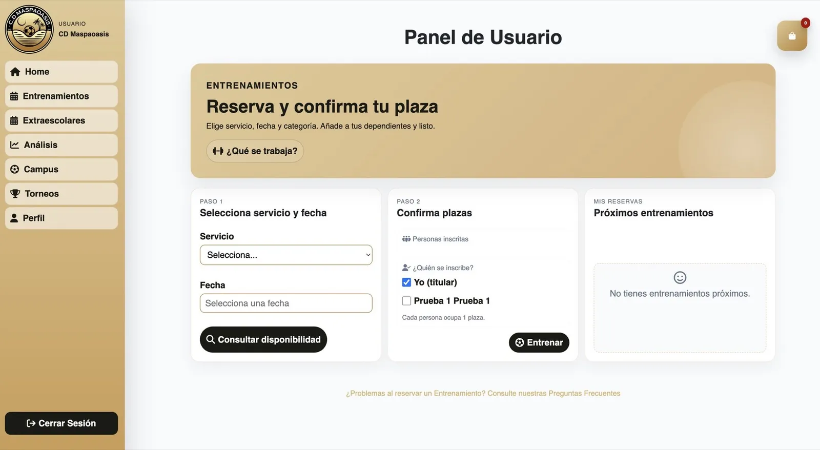Panel de usuario para reservar y confirmar plaza en un entrenamiento