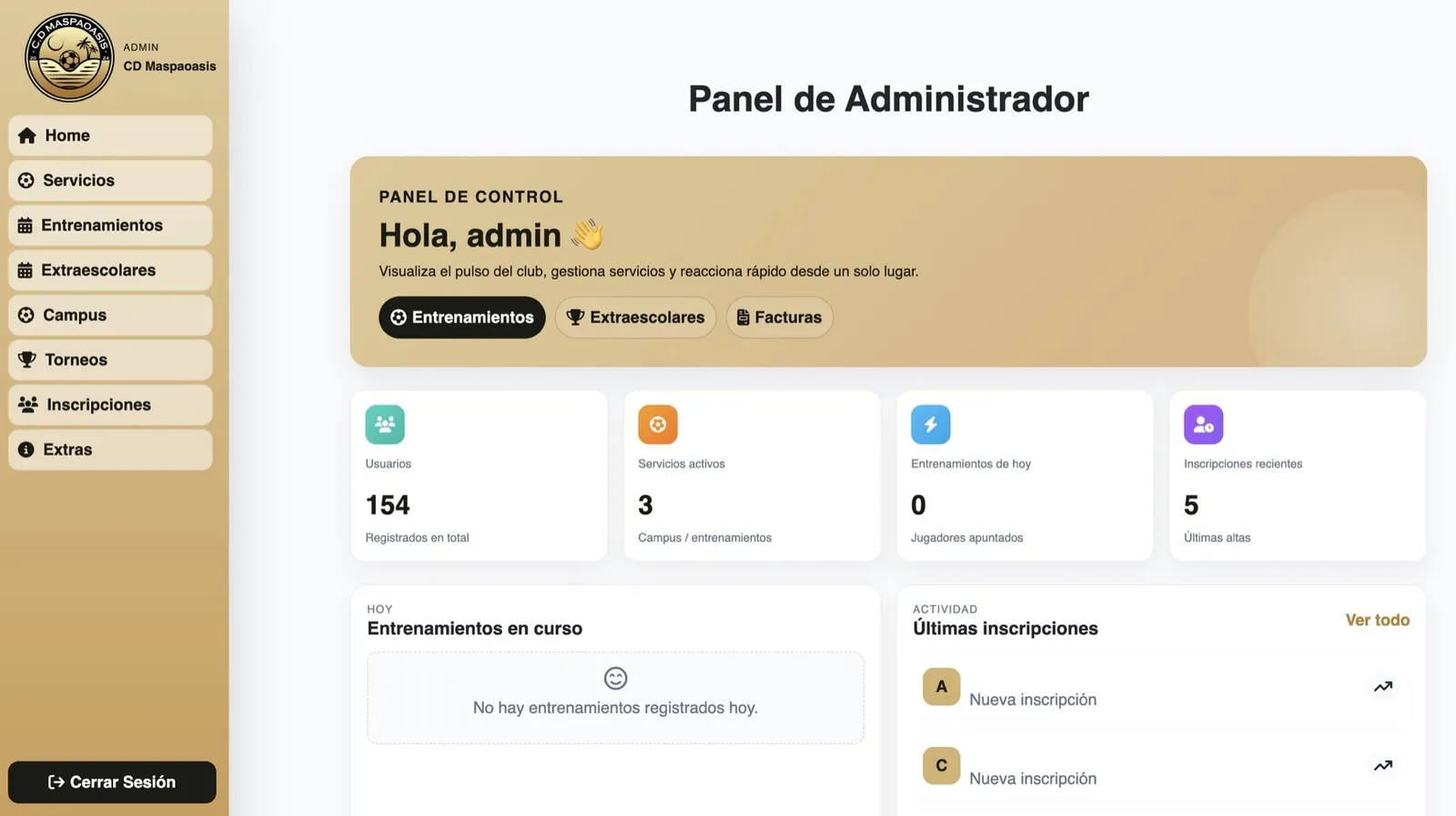 Vista de gestión de la plataforma